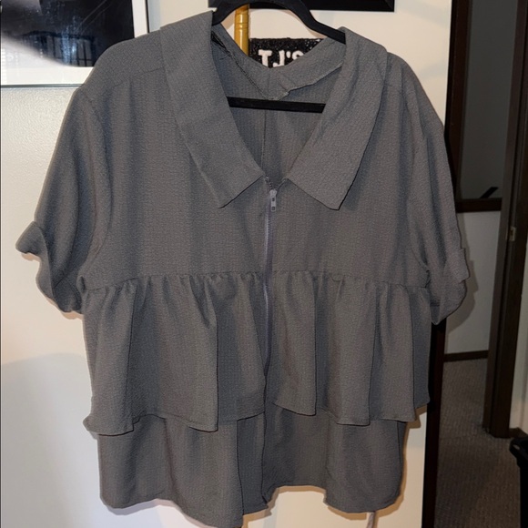 Gray Women's Zip Up Ruffled Top - Picture 1 of 6